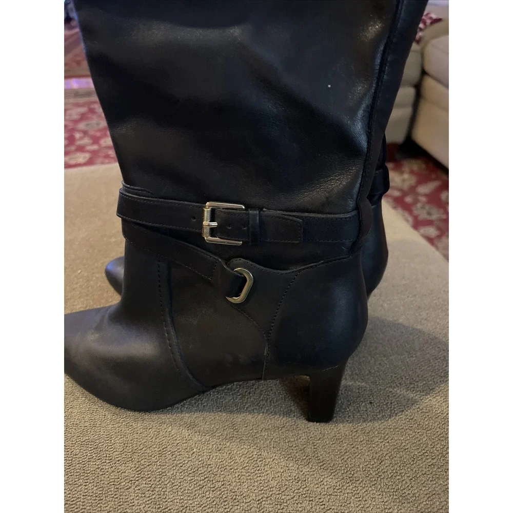 Ralph Lauren Nally Black Leather Buckle Zip Up Knee Mid Heeled Boots Size 8B (TD